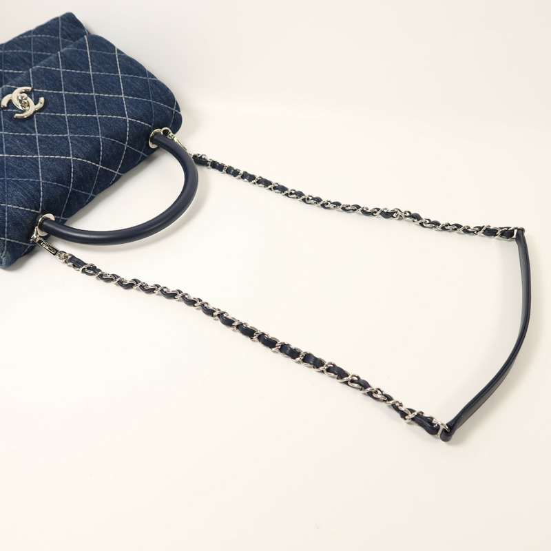 CHANEL 牛仔布Coco Handlec銀扣鏈帶手挽肩背兩用袋-7