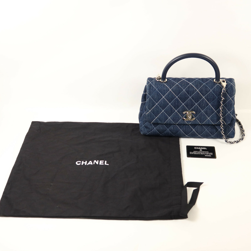 CHANEL 牛仔布Coco Handlec銀扣鏈帶手挽肩背兩用袋-9