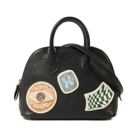 HERMES Chevre皮革Mini Bolide銀扣手挽肩背兩用袋Noir