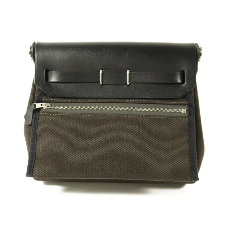 HERMES 帆布Mini Herbag銀扣肩背袋Vert de Gris/Noir-1