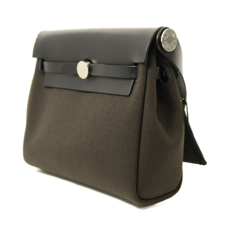 HERMES 帆布Mini Herbag銀扣肩背袋Vert de Gris/Noir-2