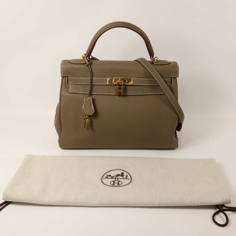HERMES Togo皮革Kelly 32金扣手挽肩背兩用袋Etoupe-9
