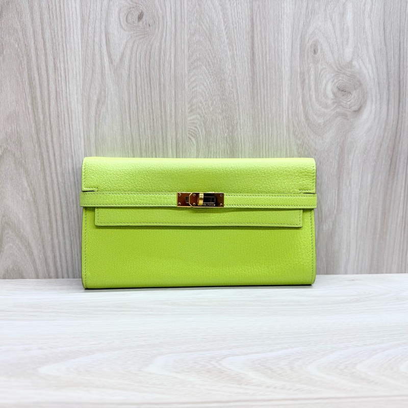 Hermes 萊姆綠山羊皮金釦kelly 12卡長夾-0