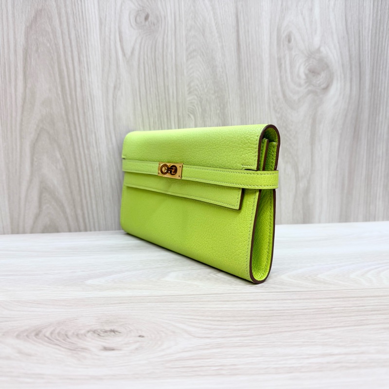 Hermes 萊姆綠山羊皮金釦kelly 12卡長夾-2