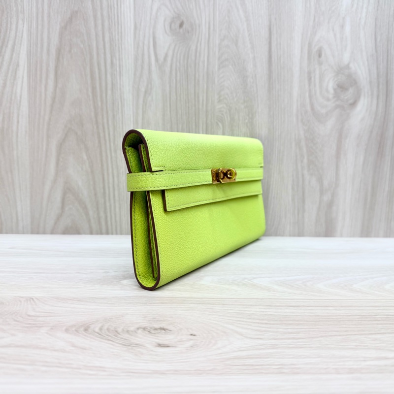 Hermes 萊姆綠山羊皮金釦kelly 12卡長夾-3