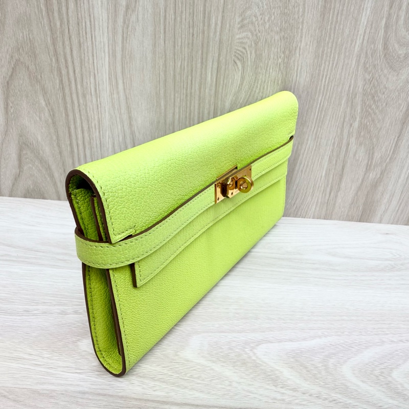 Hermes 萊姆綠山羊皮金釦kelly 12卡長夾-4