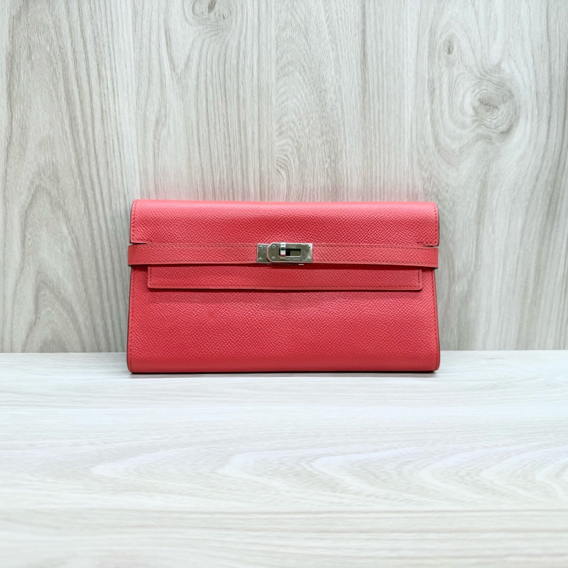 Hermes齊普爾玫瑰粉(T5)銀釦kelly長夾-0