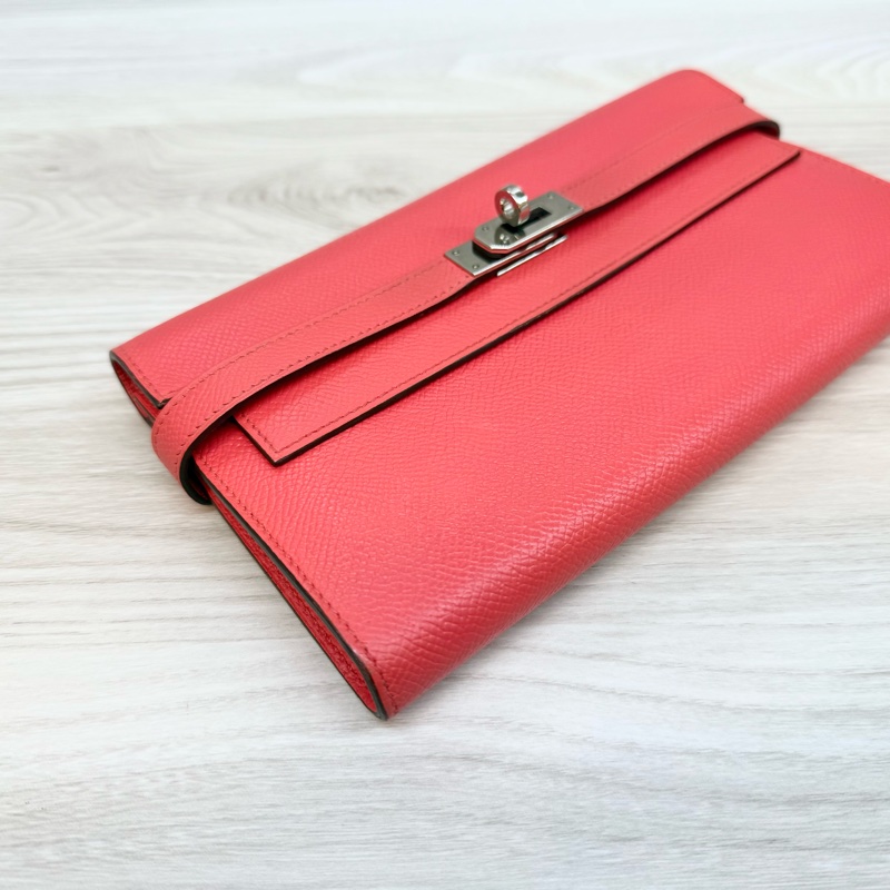 Hermes齊普爾玫瑰粉(T5)銀釦kelly長夾-5