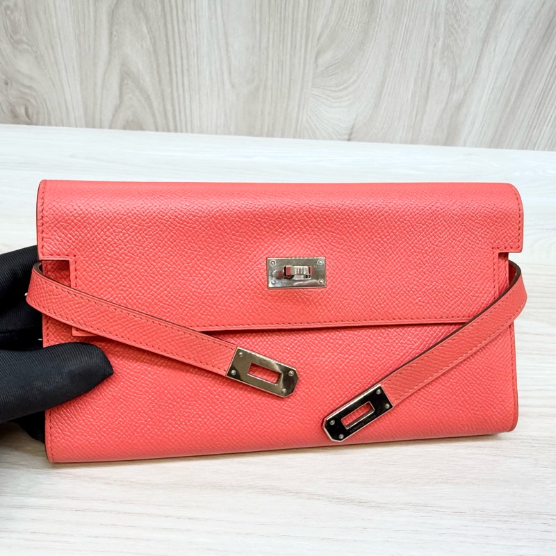 Hermes齊普爾玫瑰粉(T5)銀釦kelly長夾-7