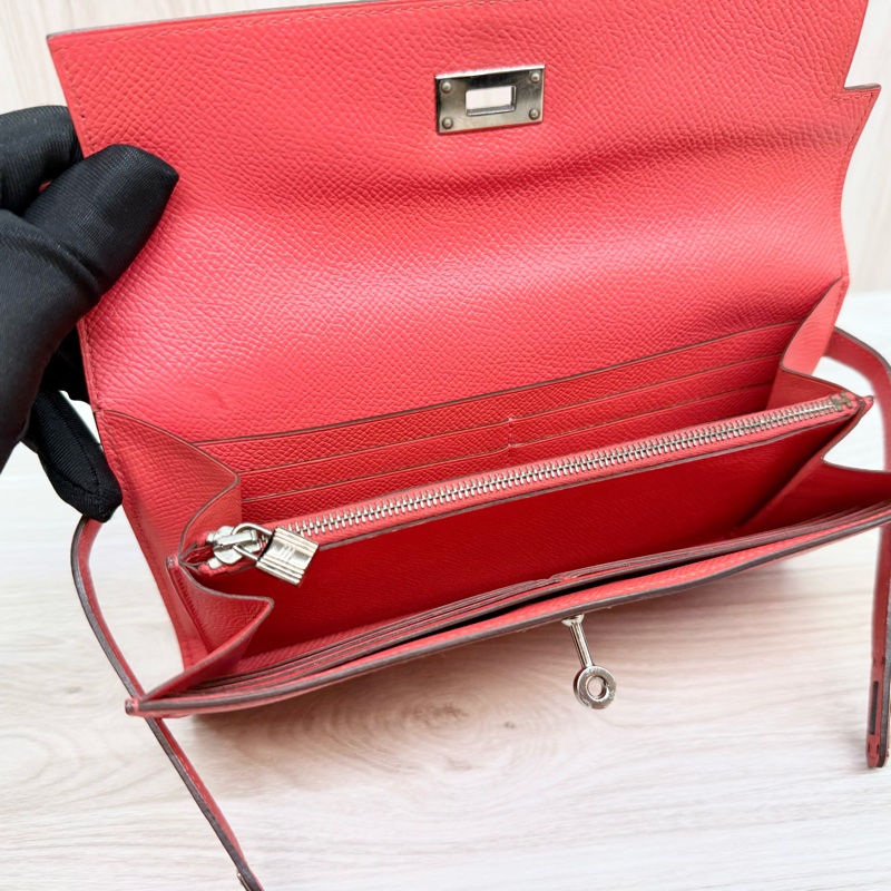 Hermes齊普爾玫瑰粉(T5)銀釦kelly長夾-9