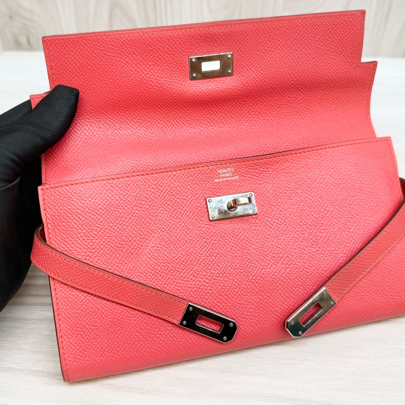 Hermes齊普爾玫瑰粉(T5)銀釦kelly長夾-15