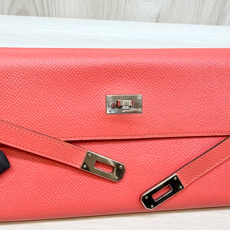 Hermes齊普爾玫瑰粉(T5)銀釦kelly長夾-16