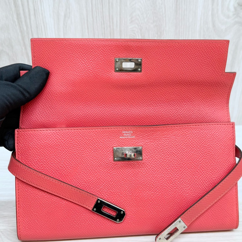 Hermes齊普爾玫瑰粉(T5)銀釦kelly長夾-17