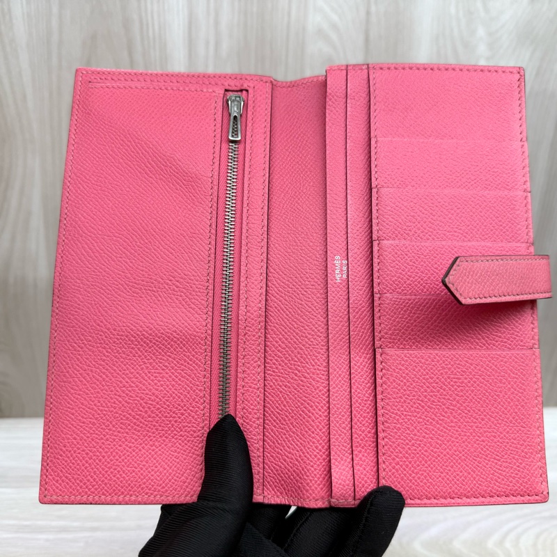 Hermes 8W杜鵑粉色銀釦Bearn長夾-8
