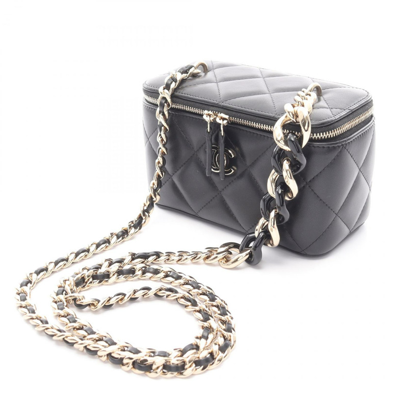 香奈兒 (CHANEL) Matelasse 絎縫鏈條斜挎包,羊皮材質,黑色,二手,金色五金-5