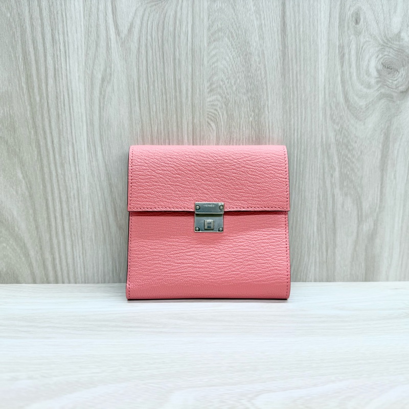 HERMES k4粉山羊皮銀釦portefeuille clic 12短夾-0