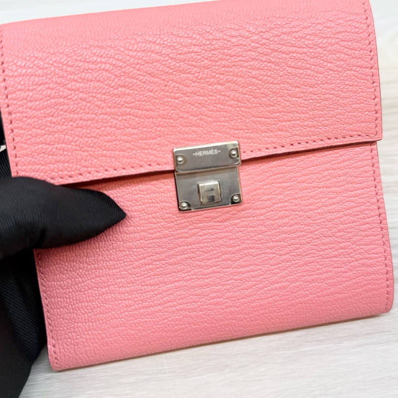 HERMES k4粉山羊皮銀釦portefeuille clic 12短夾-5