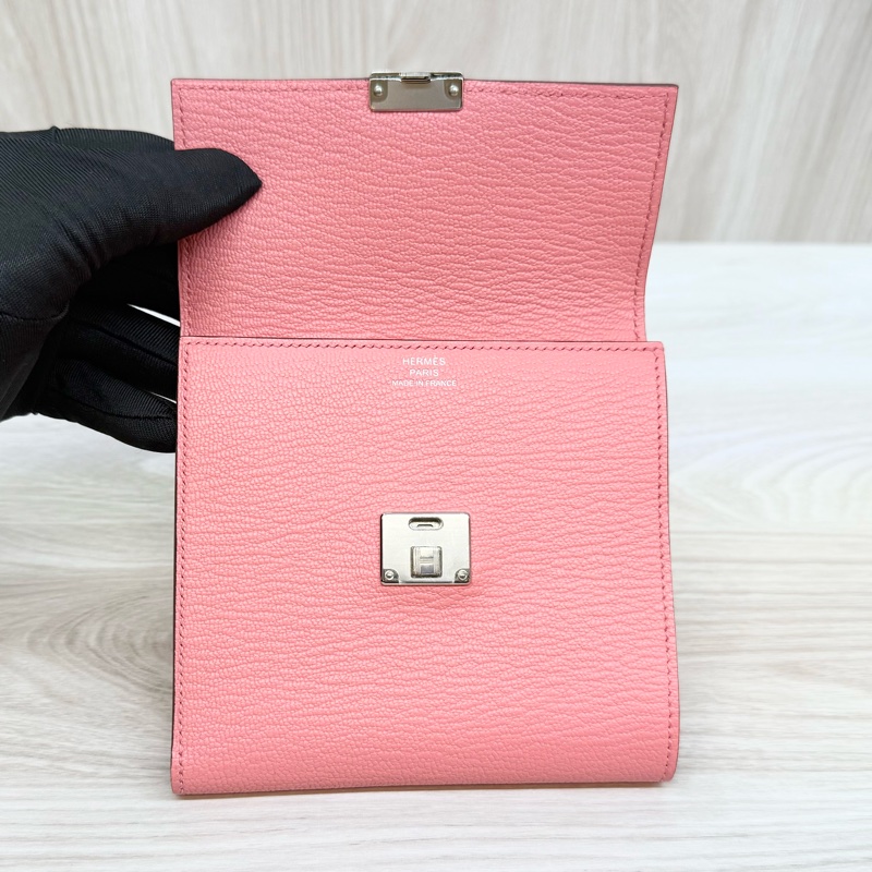 HERMES k4粉山羊皮銀釦portefeuille clic 12短夾-6