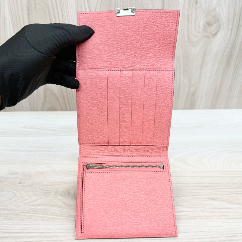 HERMES k4粉山羊皮銀釦portefeuille clic 12短夾-7