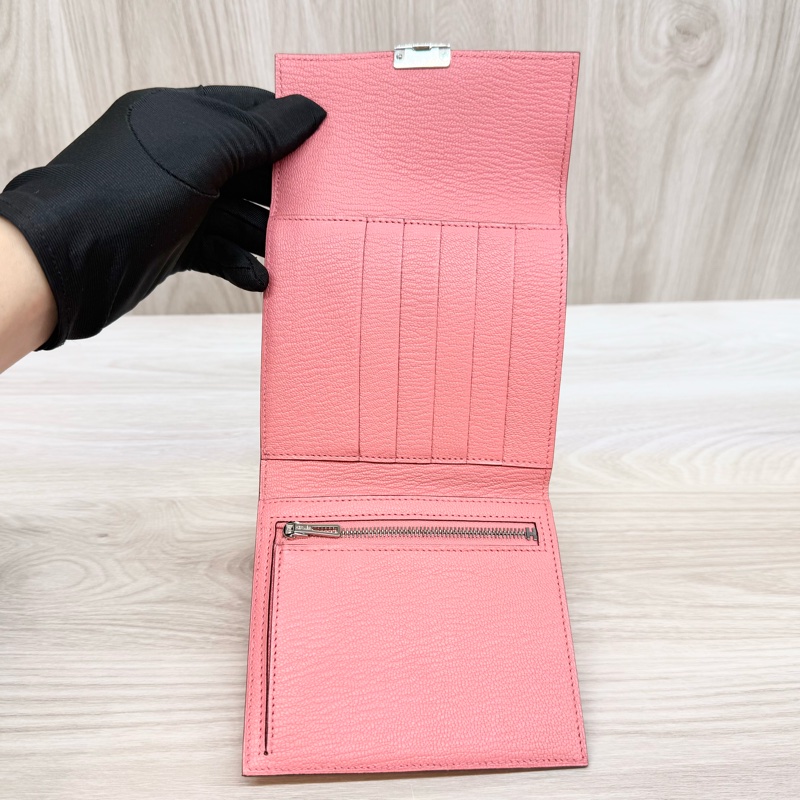HERMES k4粉山羊皮銀釦portefeuille clic 12短夾-8