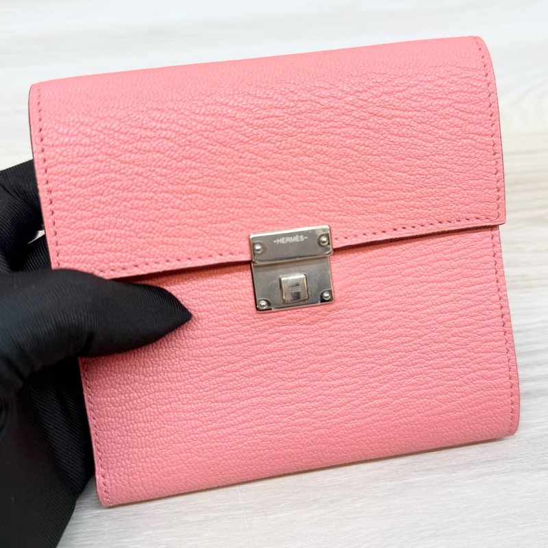 HERMES k4粉山羊皮銀釦portefeuille clic 12短夾-11