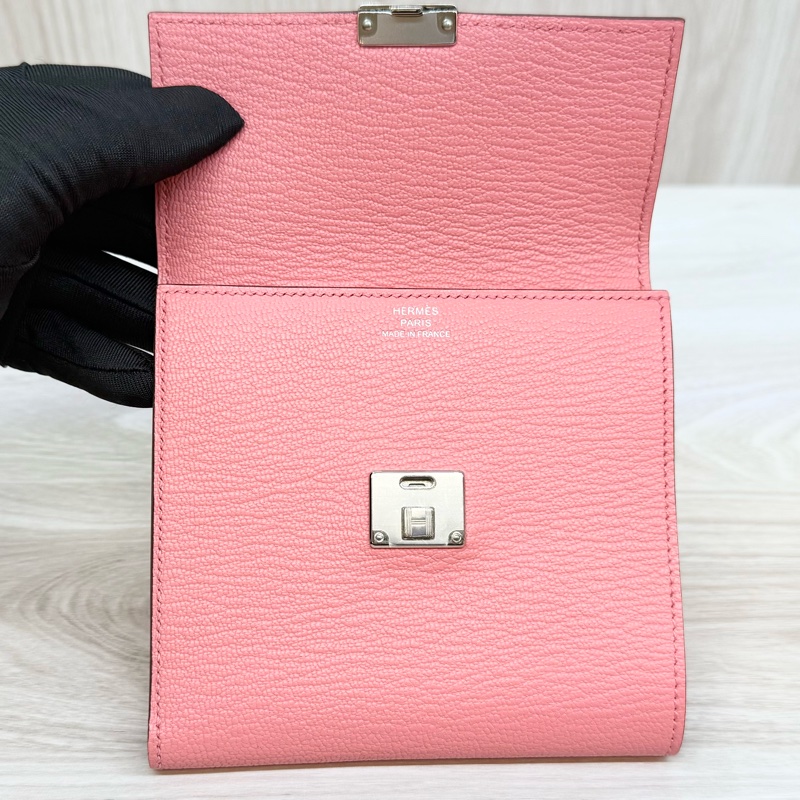 HERMES k4粉山羊皮銀釦portefeuille clic 12短夾-12