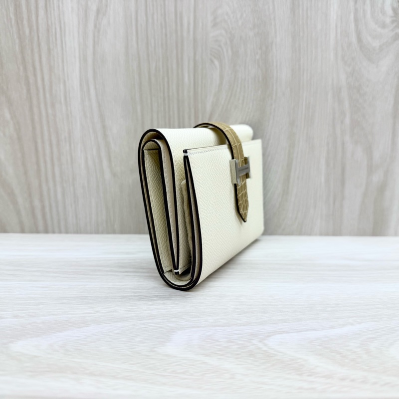 HERMES米白togo拚鱷魚皮三折短夾-3