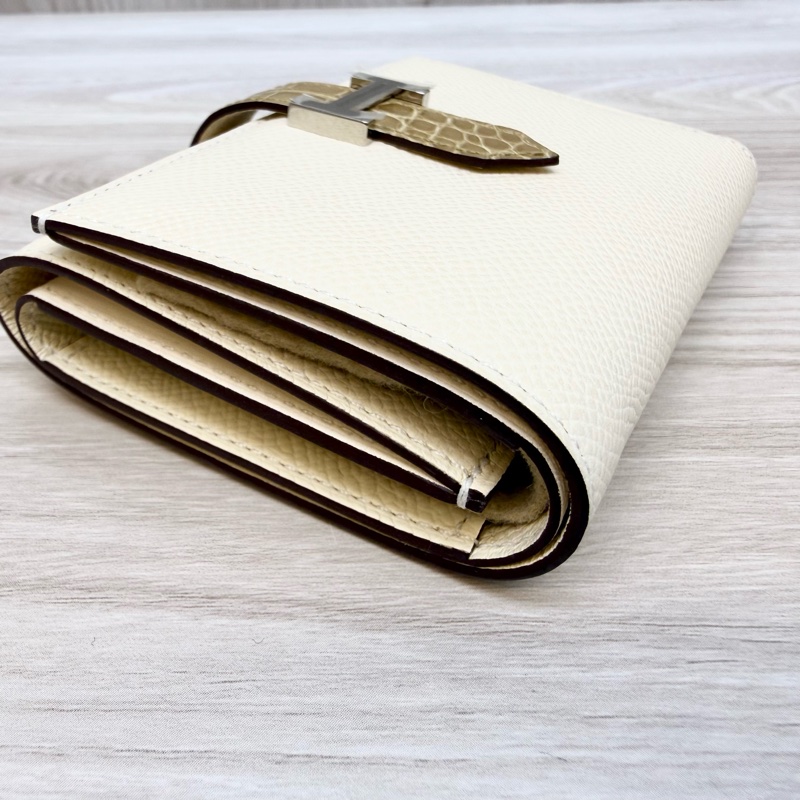HERMES米白togo拚鱷魚皮三折短夾-5