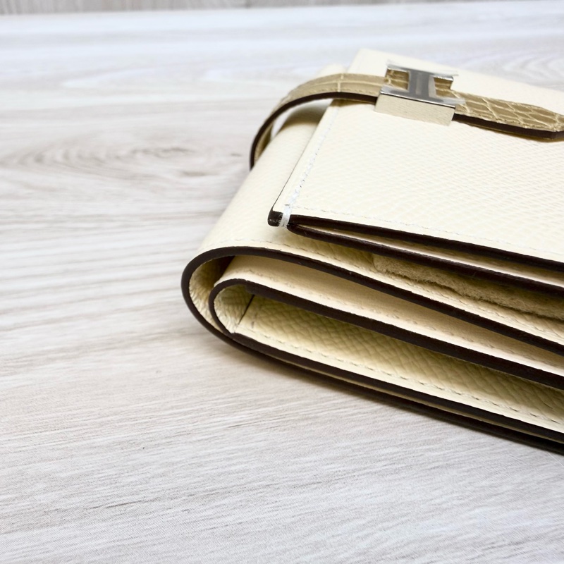 HERMES米白togo拚鱷魚皮三折短夾-6