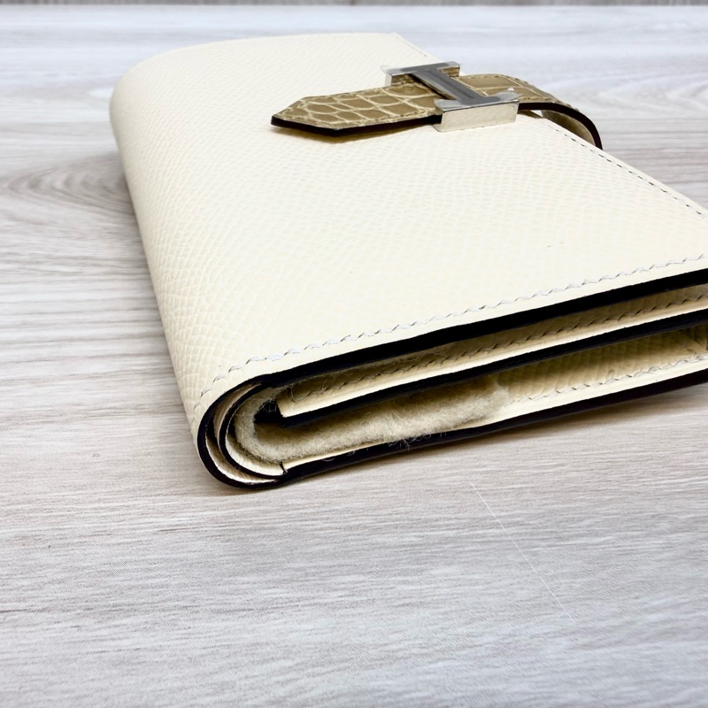 HERMES米白togo拚鱷魚皮三折短夾-7