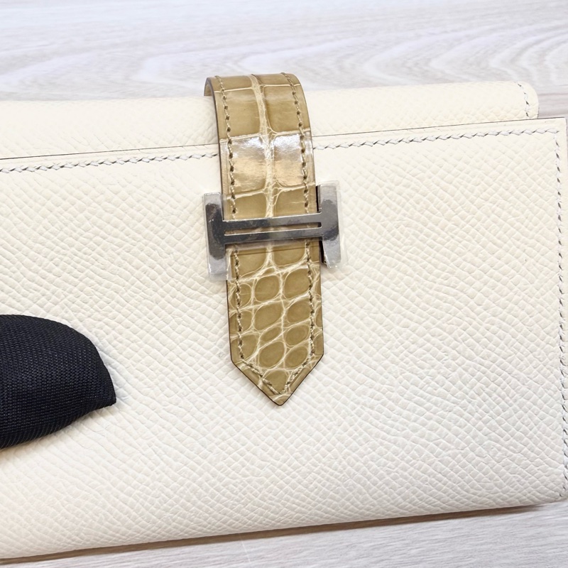 HERMES米白togo拚鱷魚皮三折短夾-9