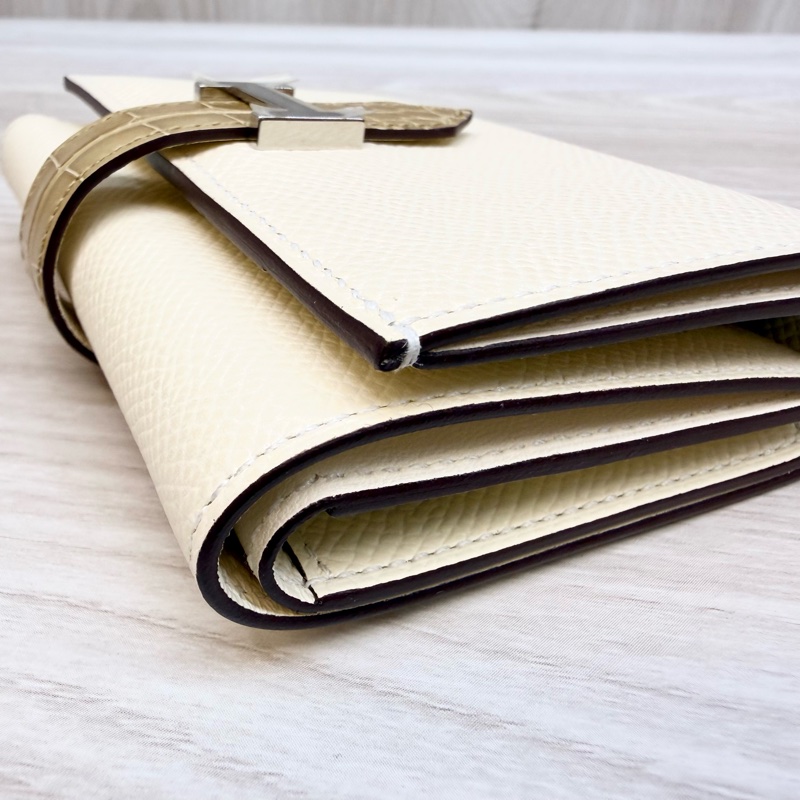 HERMES米白togo拚鱷魚皮三折短夾-11