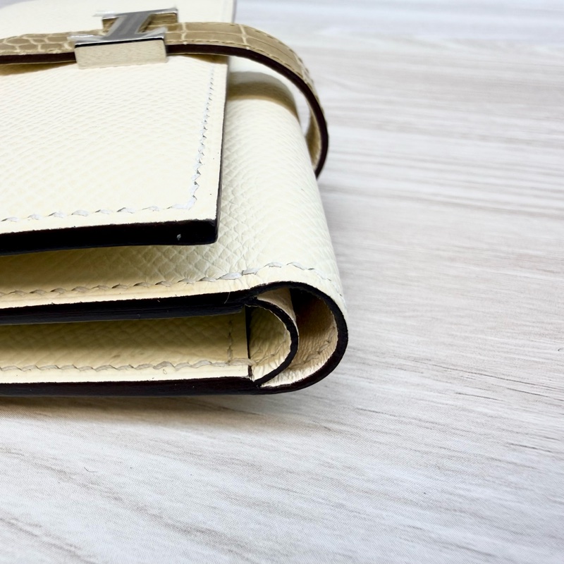 HERMES米白togo拚鱷魚皮三折短夾-12