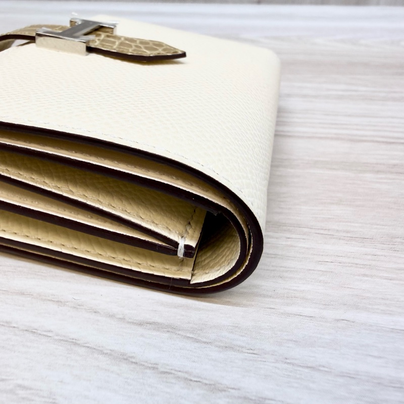 HERMES米白togo拚鱷魚皮三折短夾-13