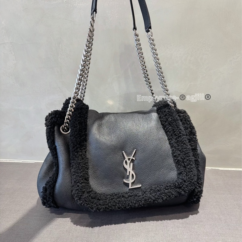 YSL 黑銀毛毛雙鏈翻蓋包🐑🐑🐑可可愛愛-0