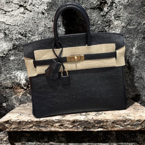 【極美天菜】HERMES 25CM 黑金 鴕鳥皮 BIRKIN 全新商品-0