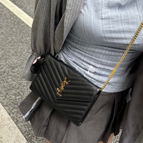 YSL黑金荔紋牛皮V型紋下蓋20卡WOC鏈條包 377828