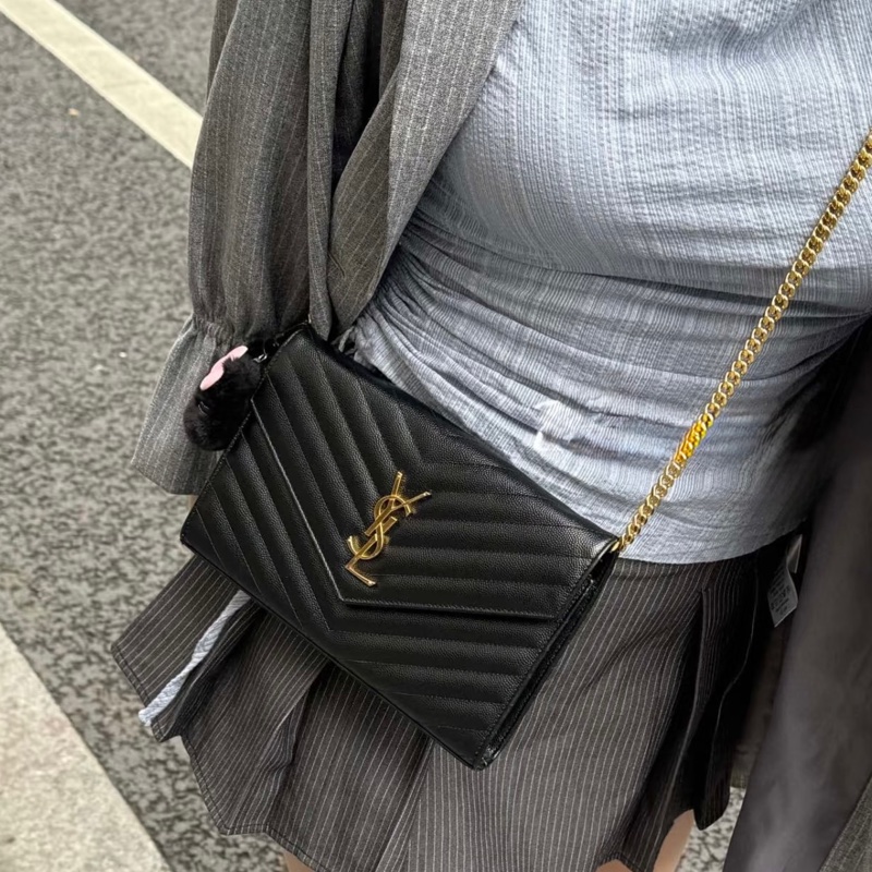 YSL黑金荔紋牛皮V型紋下蓋20卡WOC鏈條包 377828-0