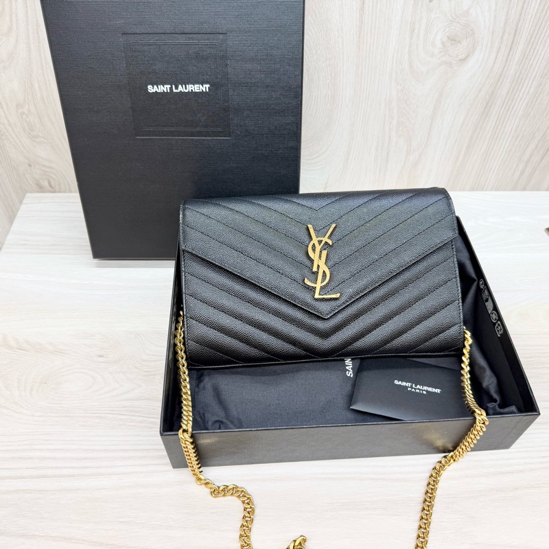 YSL黑金荔紋牛皮V型紋下蓋20卡WOC鏈條包 377828-1