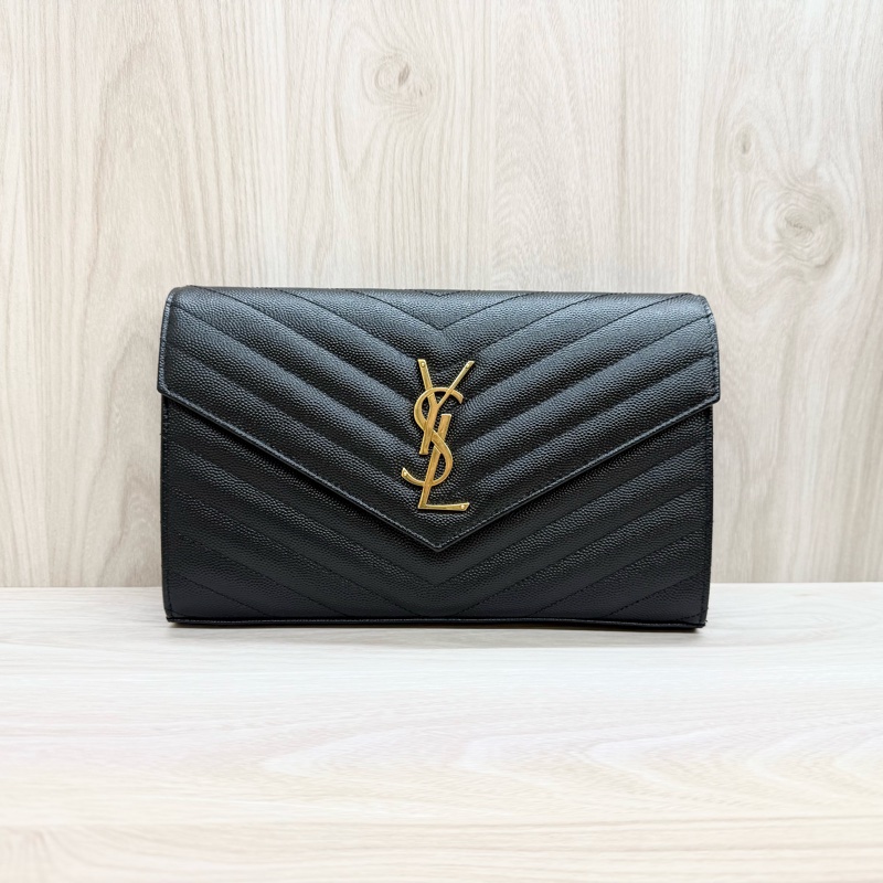 YSL黑金荔紋牛皮V型紋下蓋20卡WOC鏈條包 377828-2