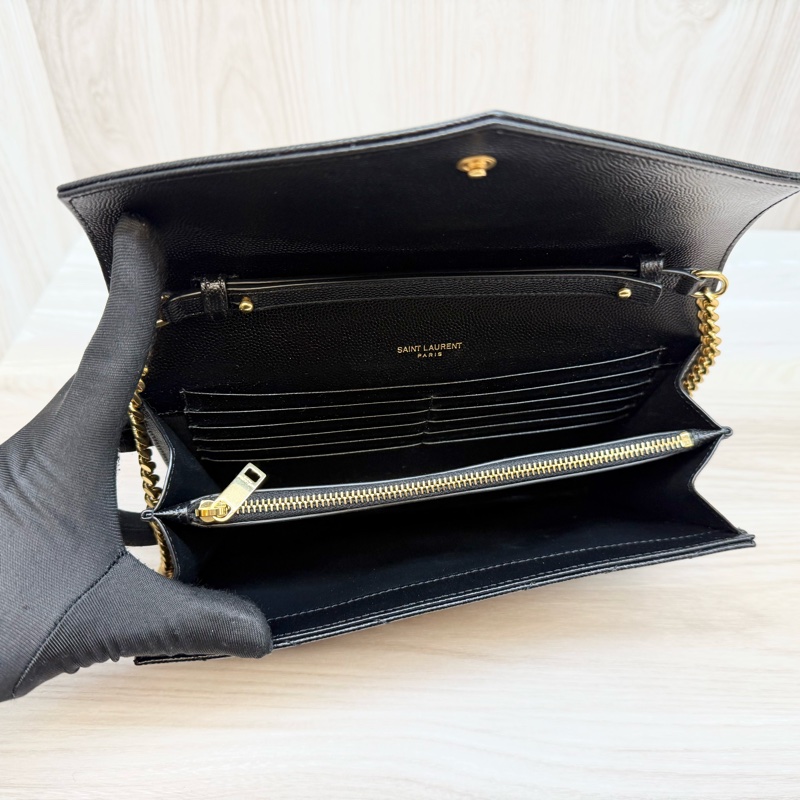 YSL黑金荔紋牛皮V型紋下蓋20卡WOC鏈條包 377828-8