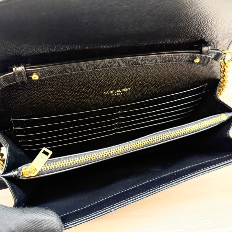 YSL黑金荔紋牛皮V型紋下蓋20卡WOC鏈條包 377828-10