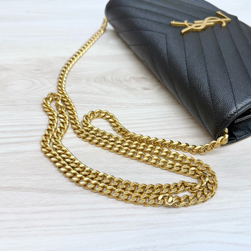 YSL黑金荔紋牛皮V型紋下蓋20卡WOC鏈條包 377828-12