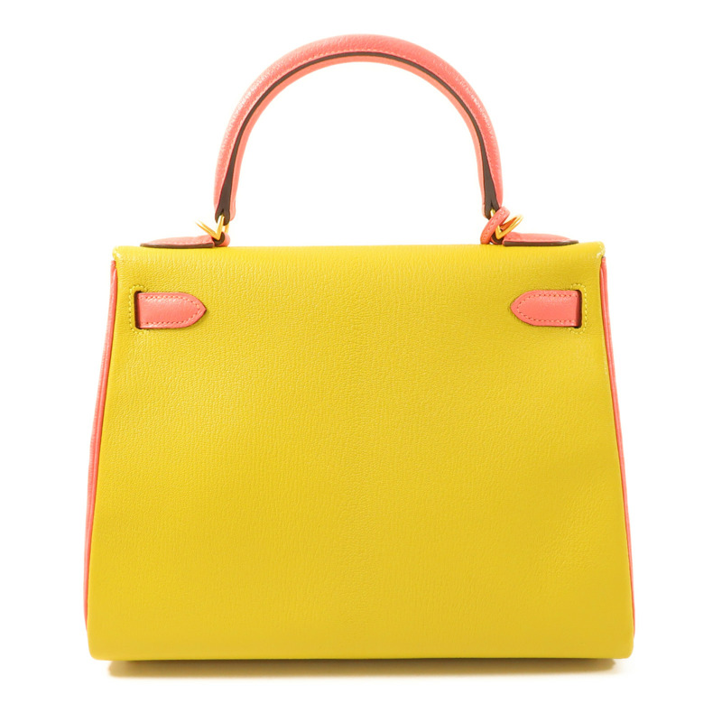 HERMES Chevre皮革Kelly 28金扣手挽肩背兩用袋Rose Azalee/Jaune Ambre-1