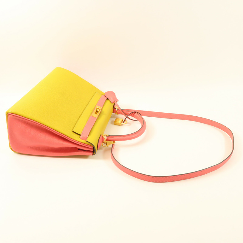 HERMES Chevre皮革Kelly 28金扣手挽肩背兩用袋Rose Azalee/Jaune Ambre-7
