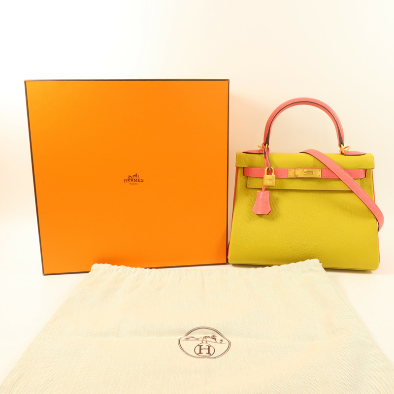 HERMES Chevre皮革Kelly 28金扣手挽肩背兩用袋Rose Azalee/Jaune Ambre-8
