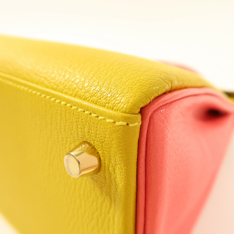 HERMES Chevre皮革Kelly 28金扣手挽肩背兩用袋Rose Azalee/Jaune Ambre-9