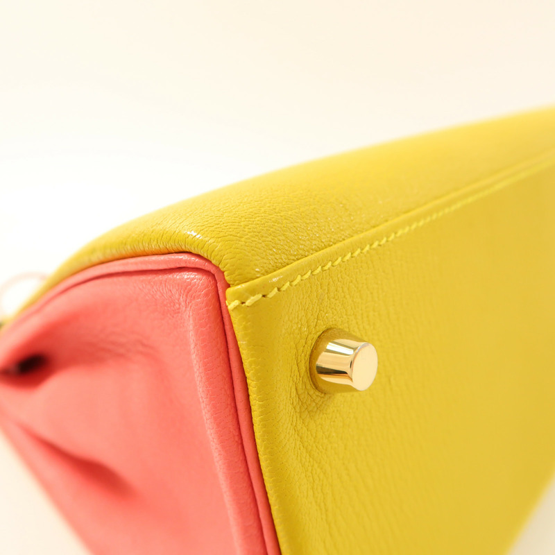 HERMES Chevre皮革Kelly 28金扣手挽肩背兩用袋Rose Azalee/Jaune Ambre-10