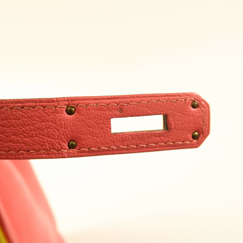 HERMES Chevre皮革Kelly 28金扣手挽肩背兩用袋Rose Azalee/Jaune Ambre-16