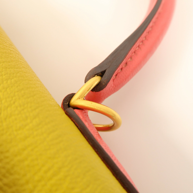 HERMES Chevre皮革Kelly 28金扣手挽肩背兩用袋Rose Azalee/Jaune Ambre-19